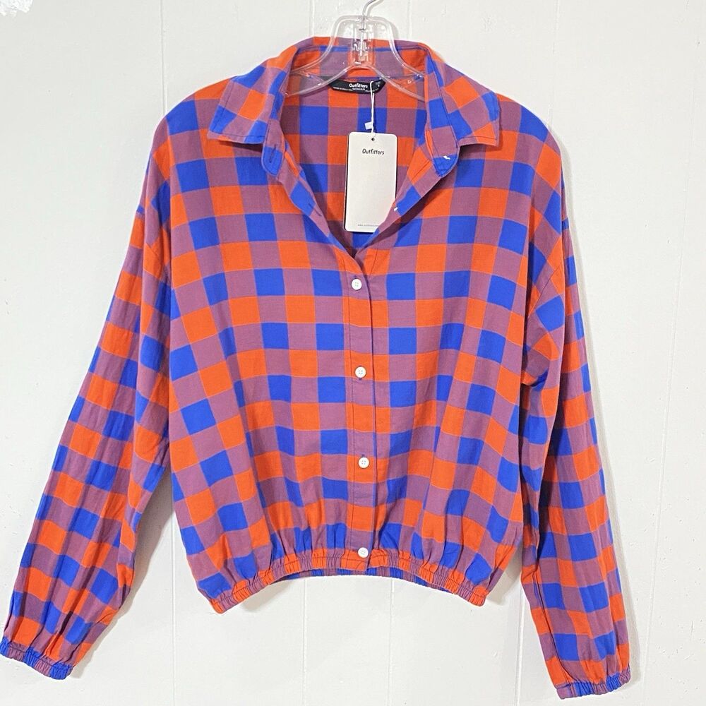NWT Outfitters Woman ELASTIC HEM Crop S Red Blue BUFFALO PLAID Button Up Shirt